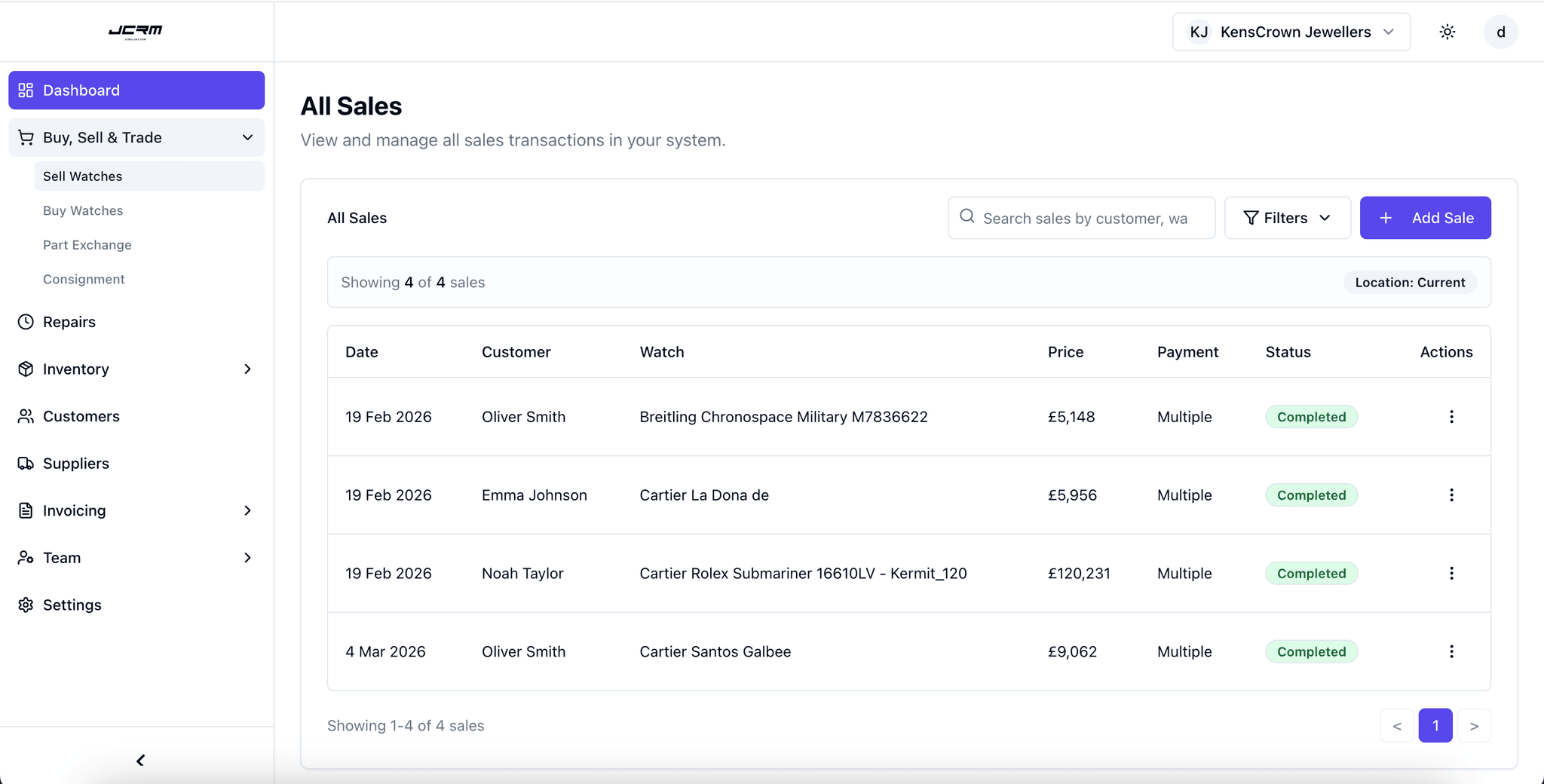 JCRM All Sales page displaying transaction history with customer and watch details