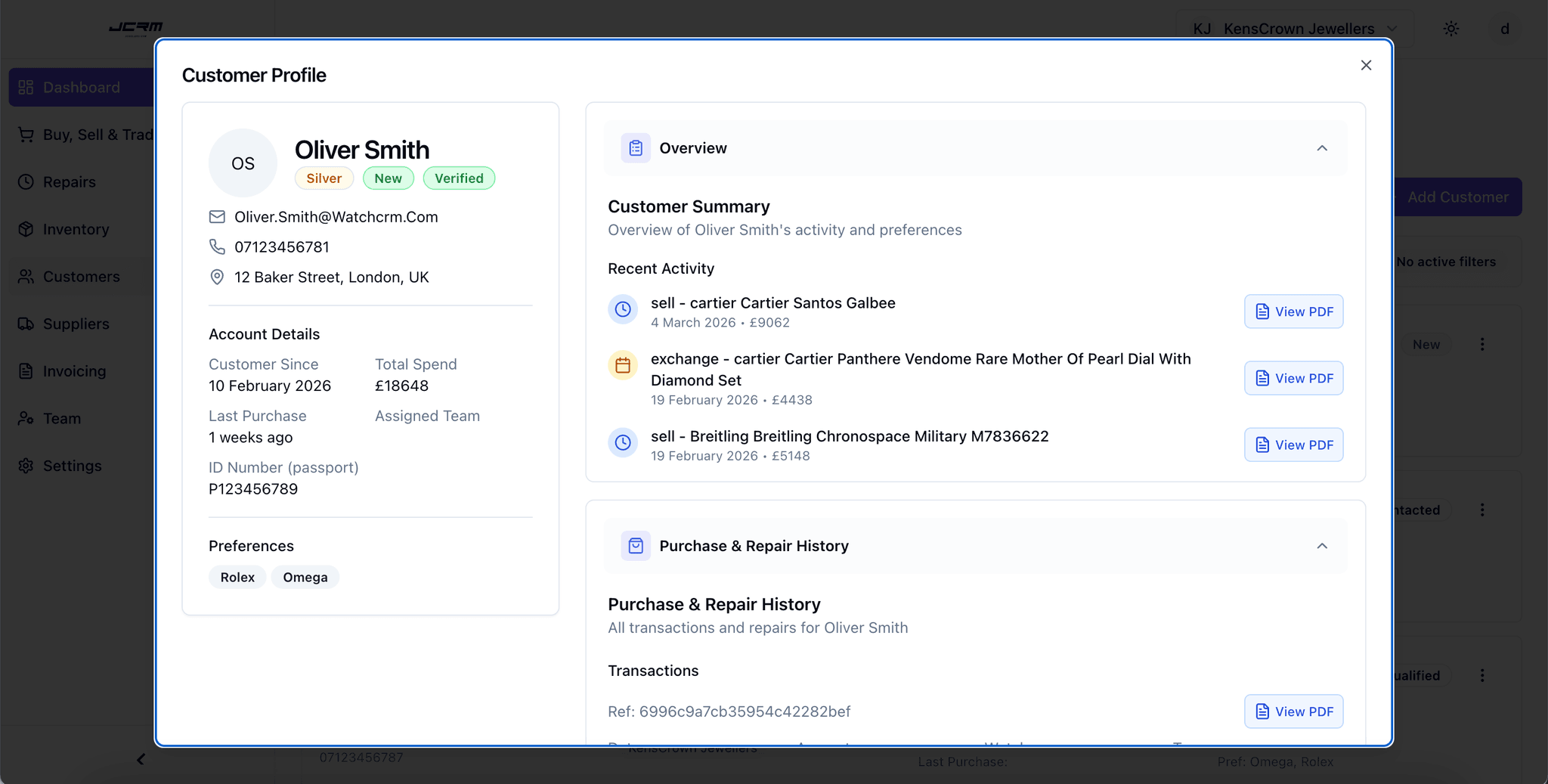 JCRM Customer Profile showing customer details, preferences, and purchase history