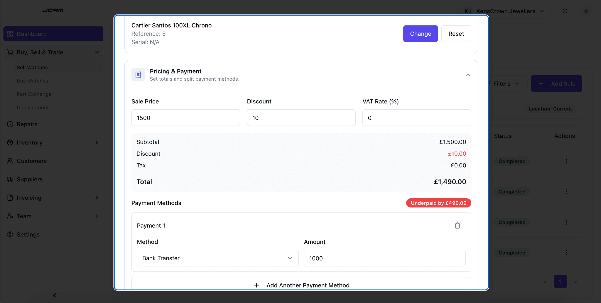 JCRM Pricing & Payment modal showing pricing calculations and payment methods