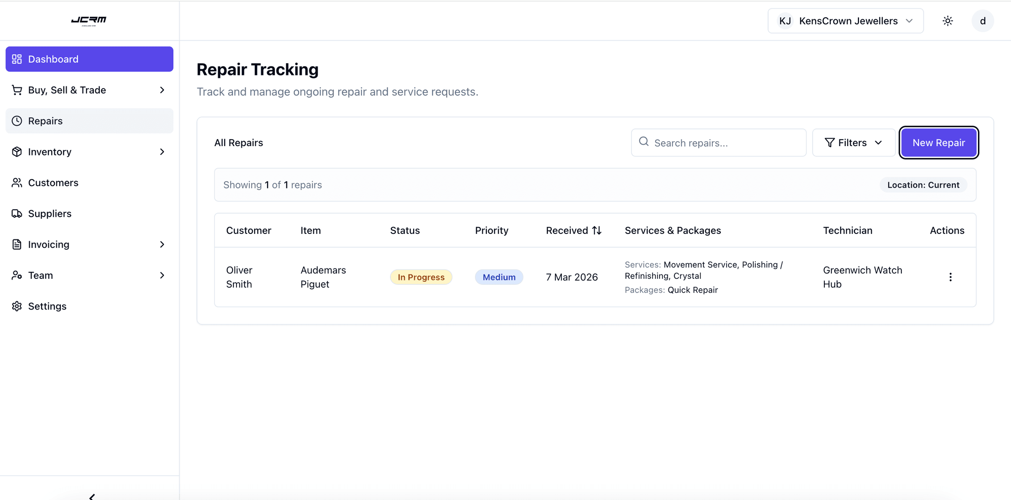 JCRM Repair Tracking page for managing repair and service requests