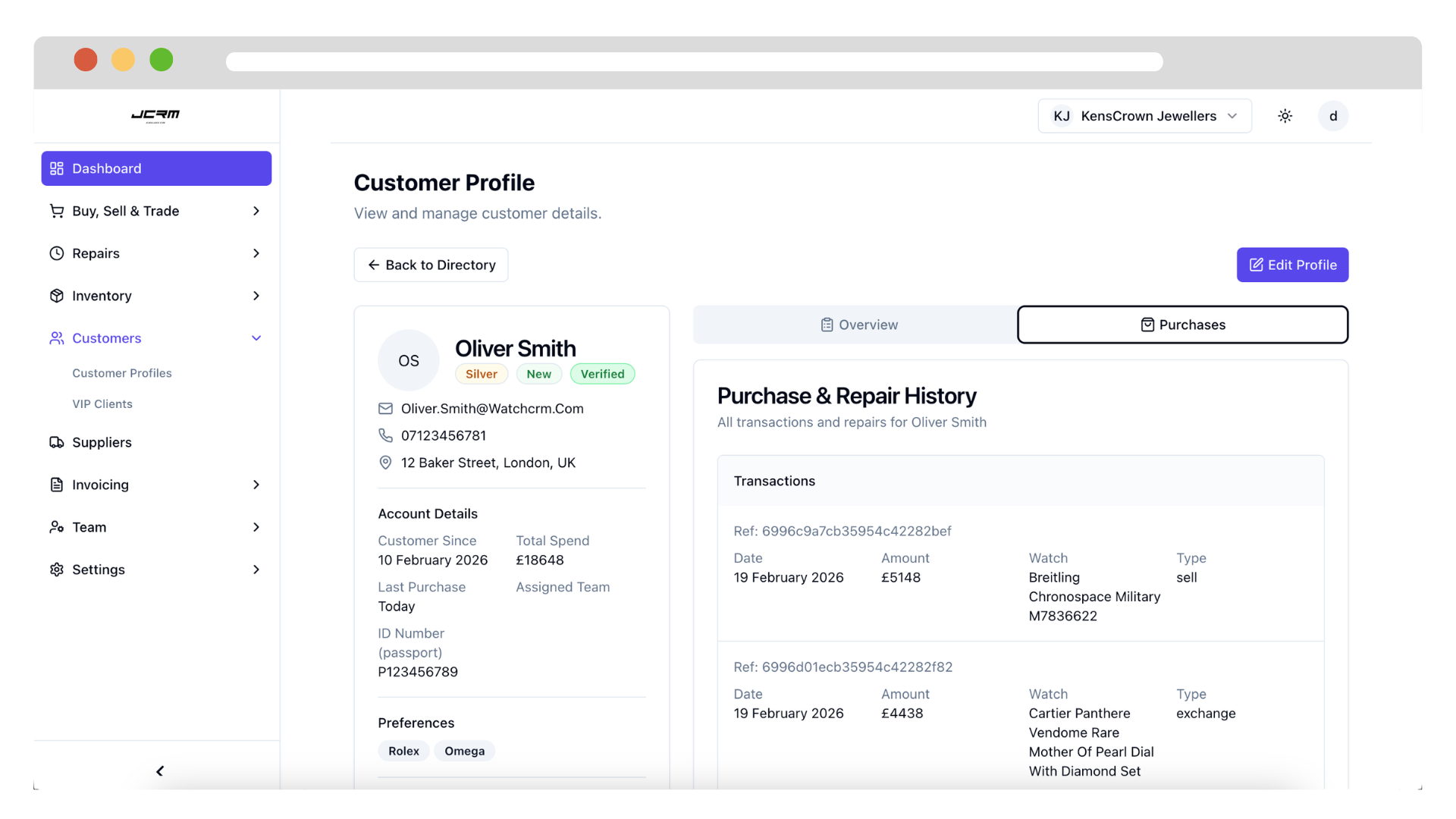 JCRM Customer Profile showing purchase history, account details, and preferences