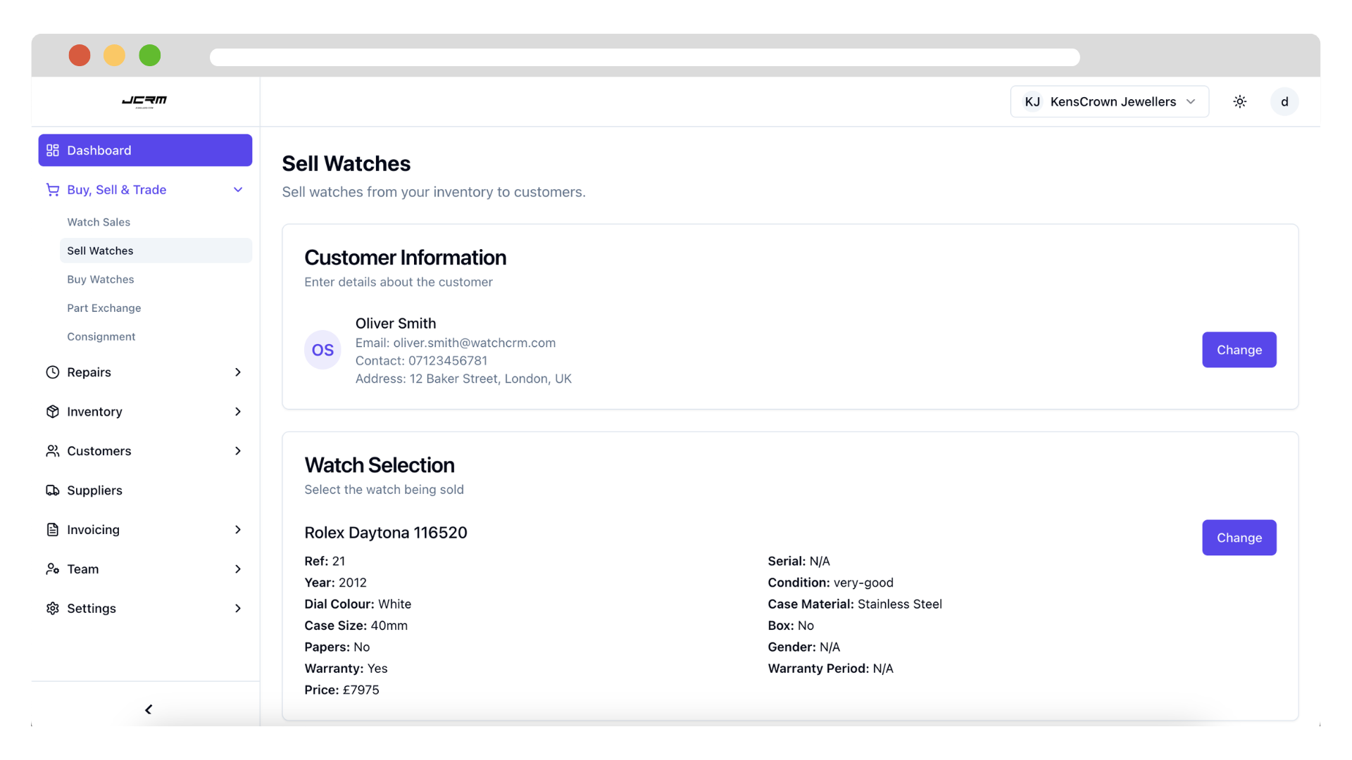 JCRM Sell Watches interface with customer information and watch selection