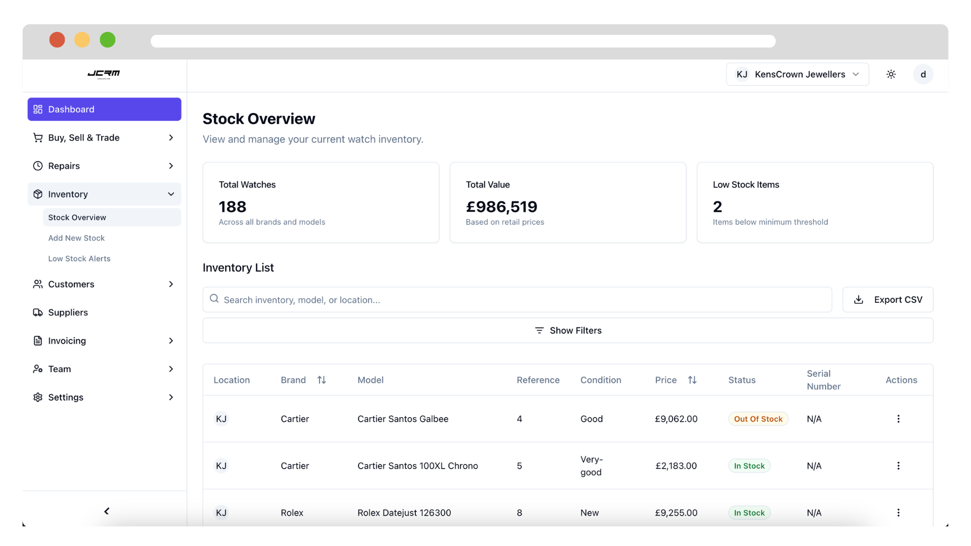JCRM Stock Overview showing inventory list with watch details and stock status